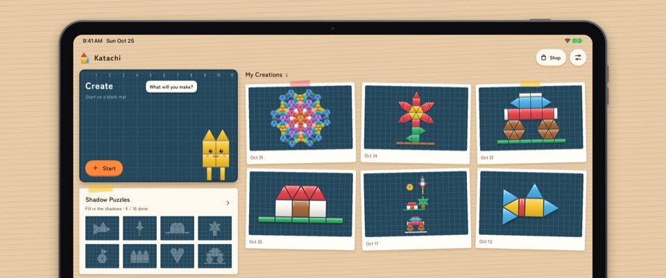 The home screen on iPad with a row of creations
